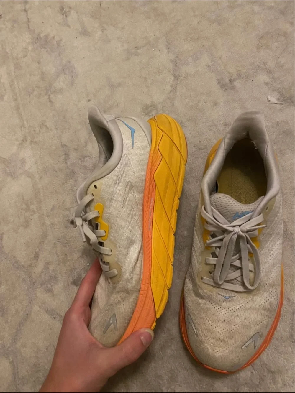 Hoka Womens Sneaker — White Upper with Yellow and Orange Sole